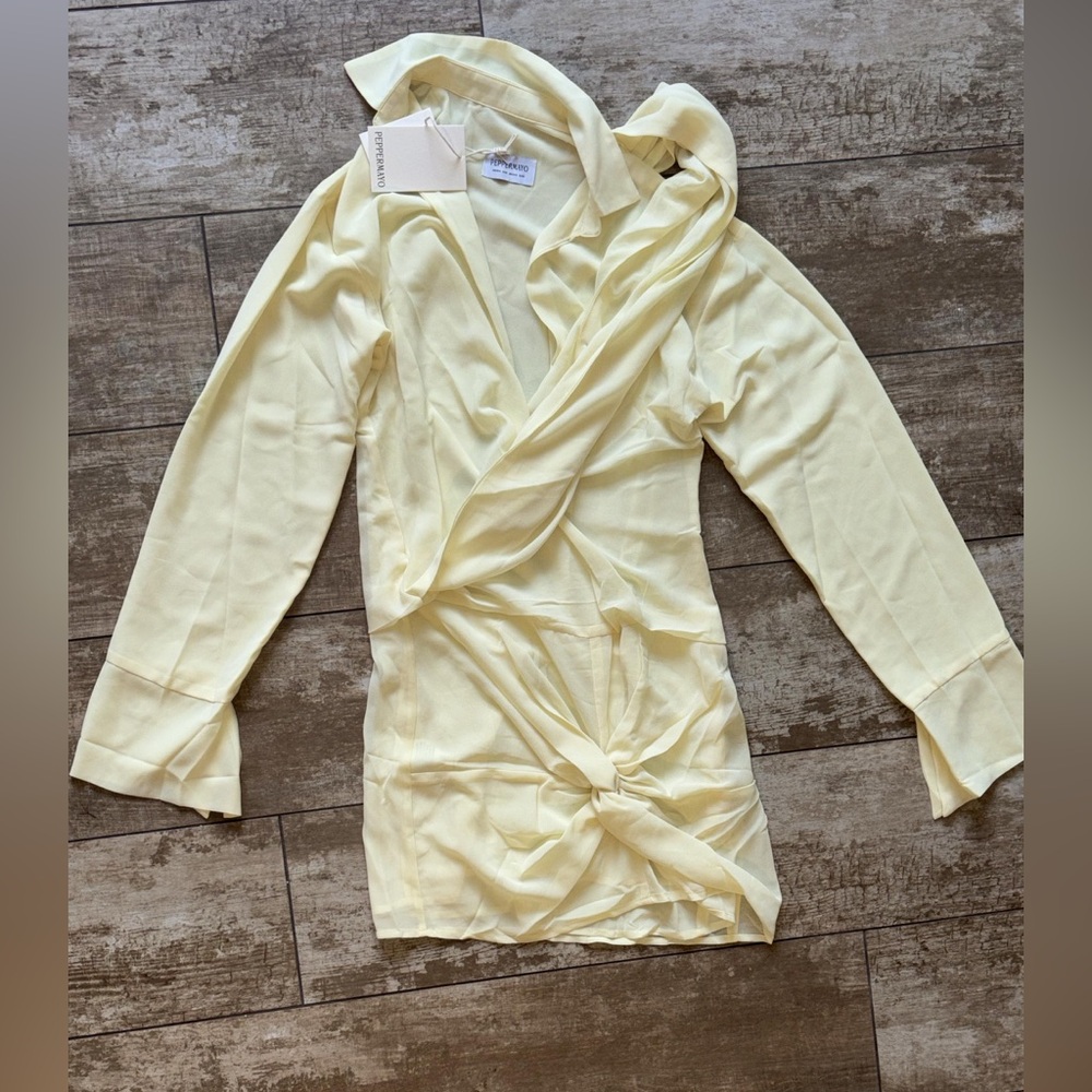 Brand new Peppermayo Wrap Front Knot Mini Dress in Pale Yellow